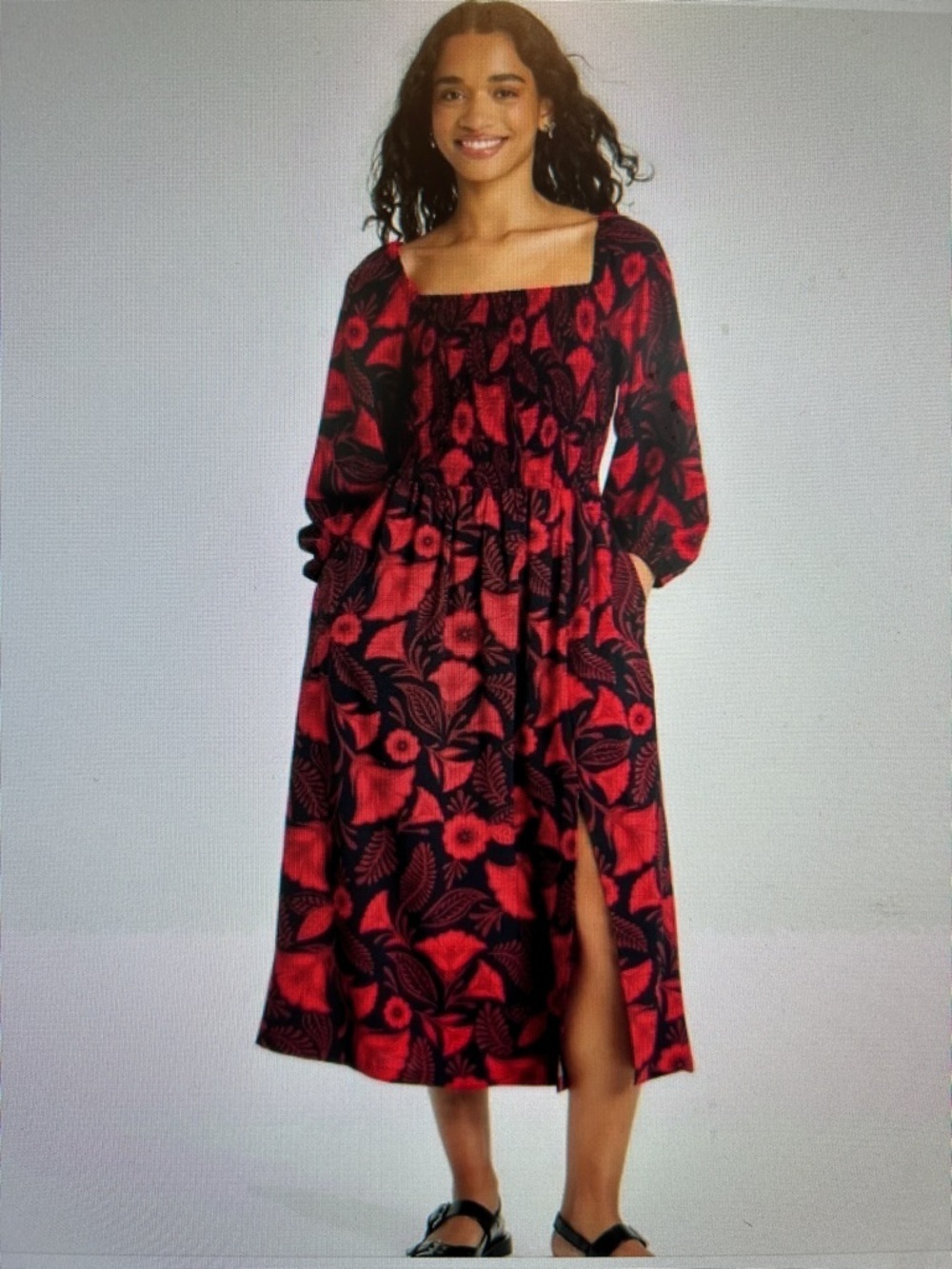 Latino Heritage Month SZL Dress Midi Smocked Red Black Floral Office Cottage